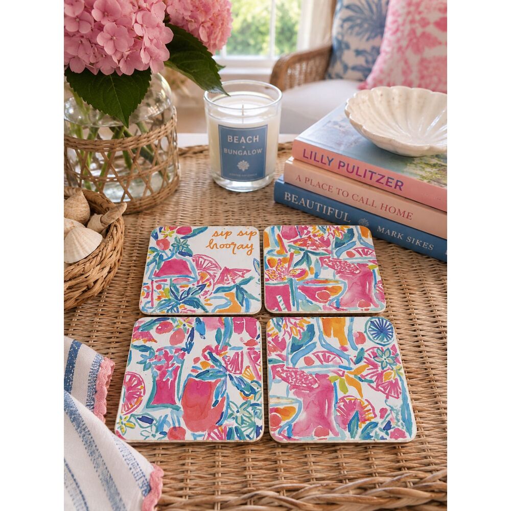 Set Of 4 Handmade Coasters Preppy Coastal Cottage Beachy Entertaining Hostess
